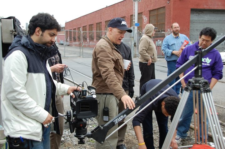 Behind-the-scenes production shot on a Brooklyn street set